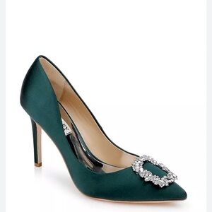 Badgley Mischka Green Satin Heels with Crystal Buckle